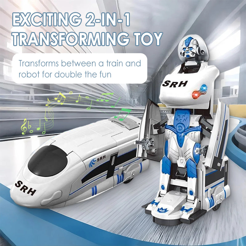 Arenzza rechargeable transforming train robot toy for kids, featuring colorful train and robot modes in a playful setting.