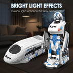 Arenzza rechargeable transforming train robot toy for kids, featuring fun, interactive design with vibrant colors and movable parts.