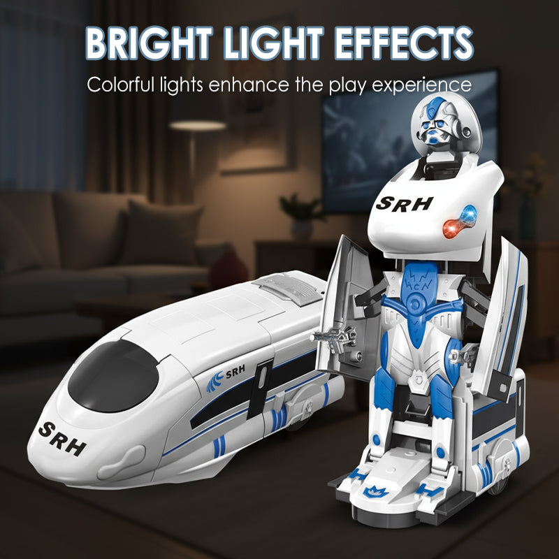Arenzza rechargeable transforming train robot toy for kids, featuring fun, interactive design with vibrant colors and movable parts.