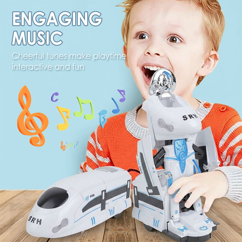 Arenzza rechargeable transforming train robot toy for kids, featuring colorful details and interactive play elements.