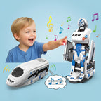 Arenzza rechargeable transforming train robot toy for kids, featuring colorful train and robot modes with interactive play features.