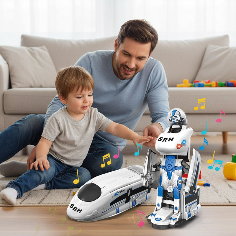 Arenzza rechargeable transforming train robot toy for kids, featuring interactive play and vibrant colors in a fun toy image.
