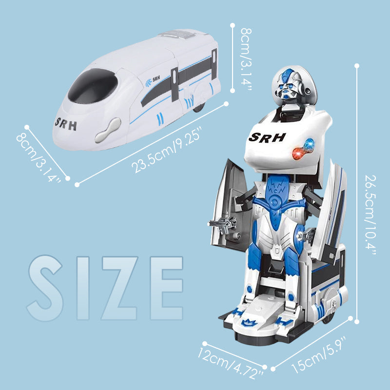Arenzza rechargeable transforming train robot toy for kids, featuring colorful train and robot modes with interactive play elements.