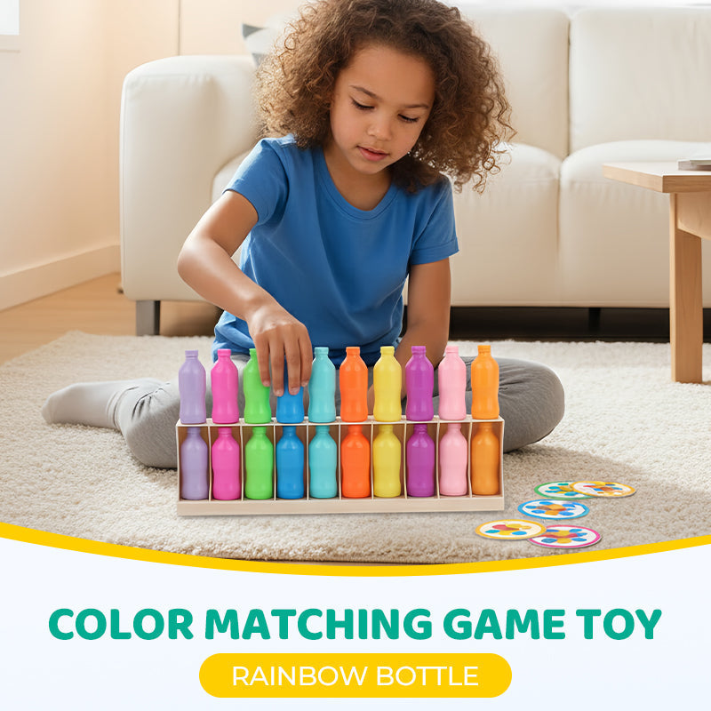 Arenzza Rainbow Bottle Color Matching Game Toy Set for kids, featuring colorful bottles arranged in a playful display.