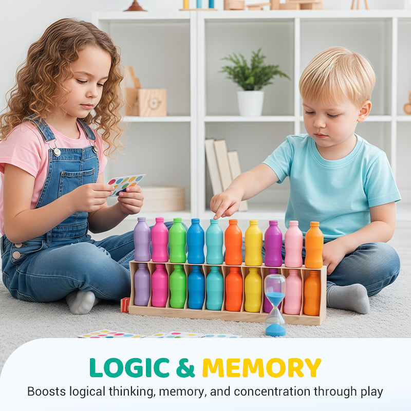 Arenzza Rainbow Bottle Color Matching Game Toy Set for kids, featuring colorful bottles for educational and fun matching activities.