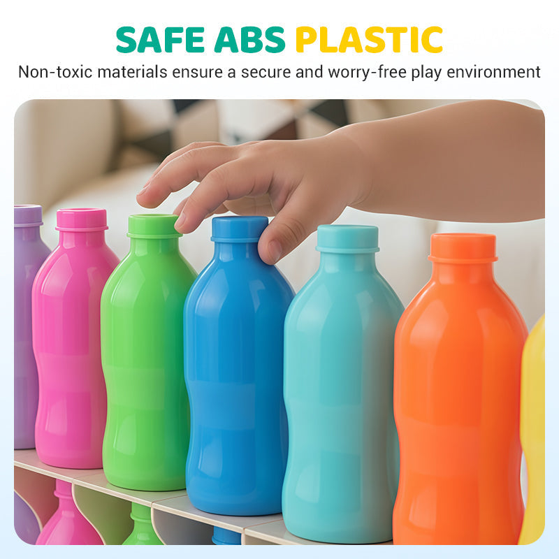 Arenzza Rainbow Bottle Color Matching Game Toy Set with colorful bottles arranged for kids' educational play.