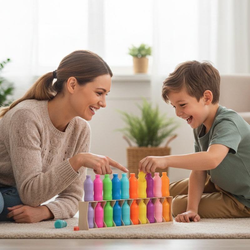Arenzza Rainbow Bottle Color Matching Game Toy Set for kids, featuring colorful bottles and matching game pieces.