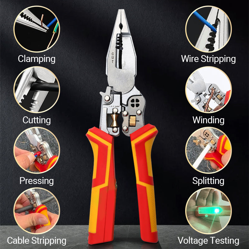 Arenzza 8-in-1 wire stripper with voltage meter, compact tool for electrical work, featuring multiple functions and ergonomic design.