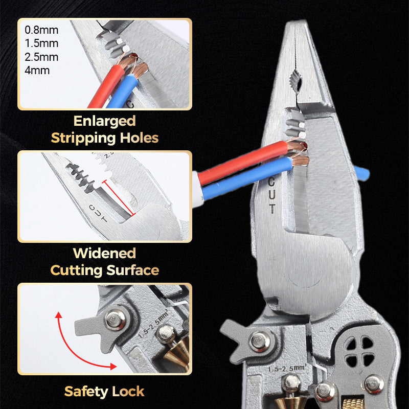 Arenzza 8-in-1 wire stripper with voltage meter, compact tool for electrical work, featuring ergonomic design and digital display.