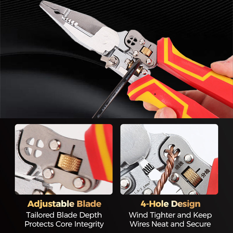 Arenzza 8-in-1 wire stripper with voltage meter, compact tool for electrical work, featuring multiple stripping functions and digital display