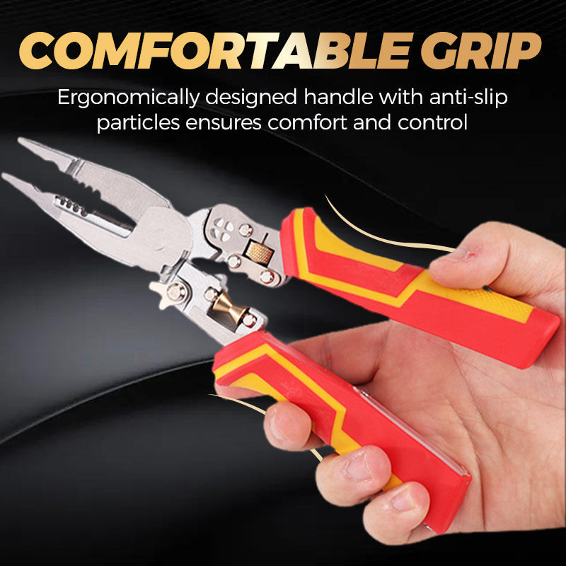Arenzza 8-in-1 wire stripper with voltage meter, compact tool for electrical work, featuring orange handles and multiple functions.