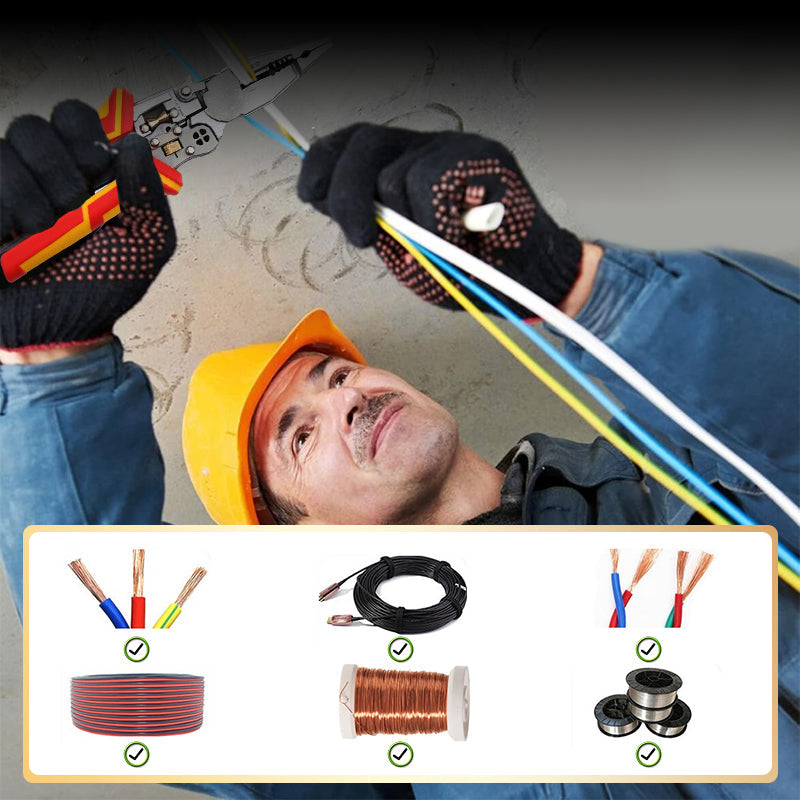 Arenzza 8-in-1 wire stripper with voltage meter, colorful tool for electrical work, displayed with bright background and close-up view.