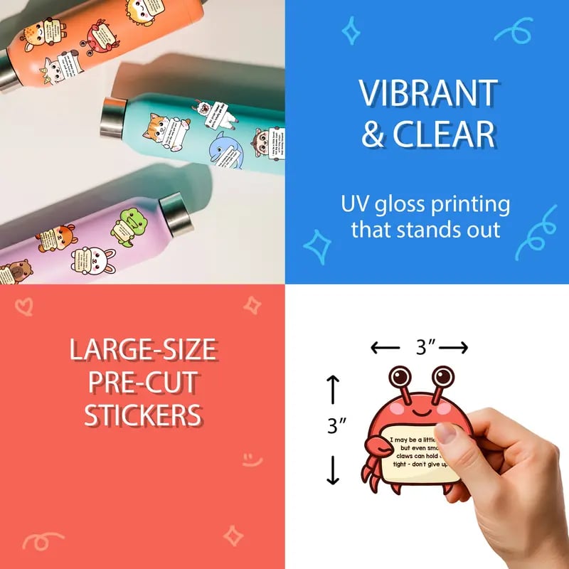 Colorful Arenzza positive emotional support buddies stickers featuring playful designs for kids and gifts, perfect for encouraging positivity.