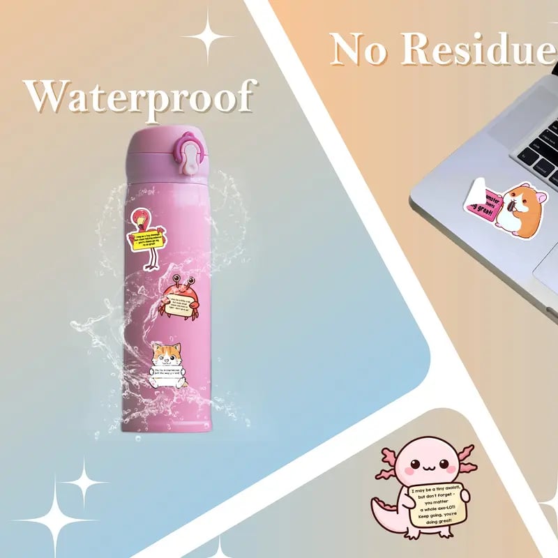A set of colorful Arenzza positive emotional support buddies stickers featuring cheerful cartoon characters for kids and gifts.