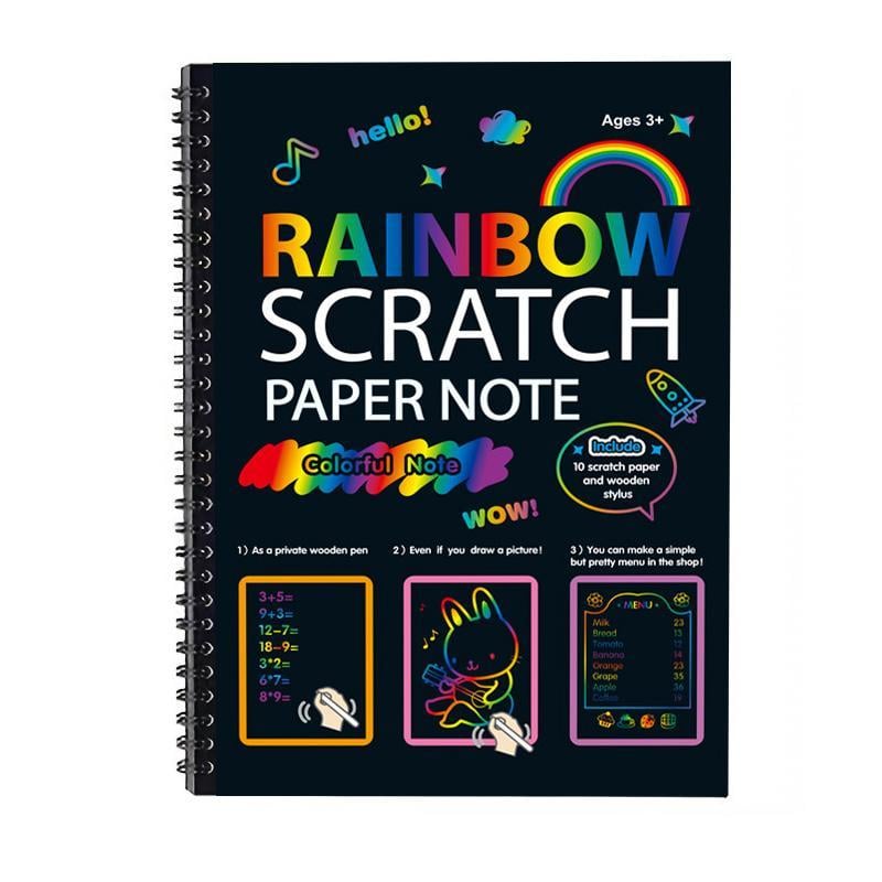 Arenzza Rainbow Magic Scratch Paper toy for kids, featuring colorful rainbow designs on black scratch-off pages for creative fun.