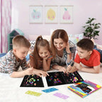 Colorful rainbow magic scratch paper for kids from Arenzza, showing vibrant rainbow patterns on a child's hands.