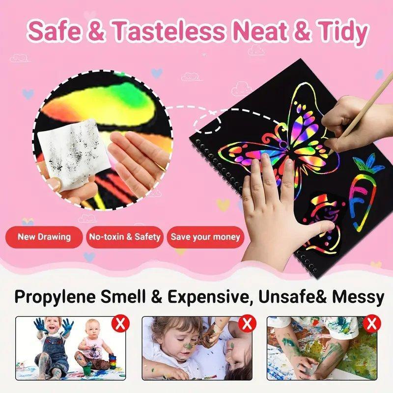 Colorful Rainbow Magic Scratch Paper from Arenzza for kids, featuring vibrant, peel-off designs perfect for creative toy activities.
