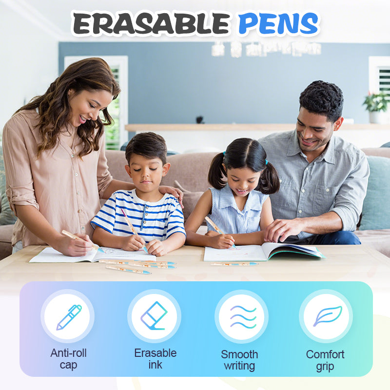 Arenzza erasable pens for kids and gifts, showcasing two colorful pens with erasing tips on a white background.