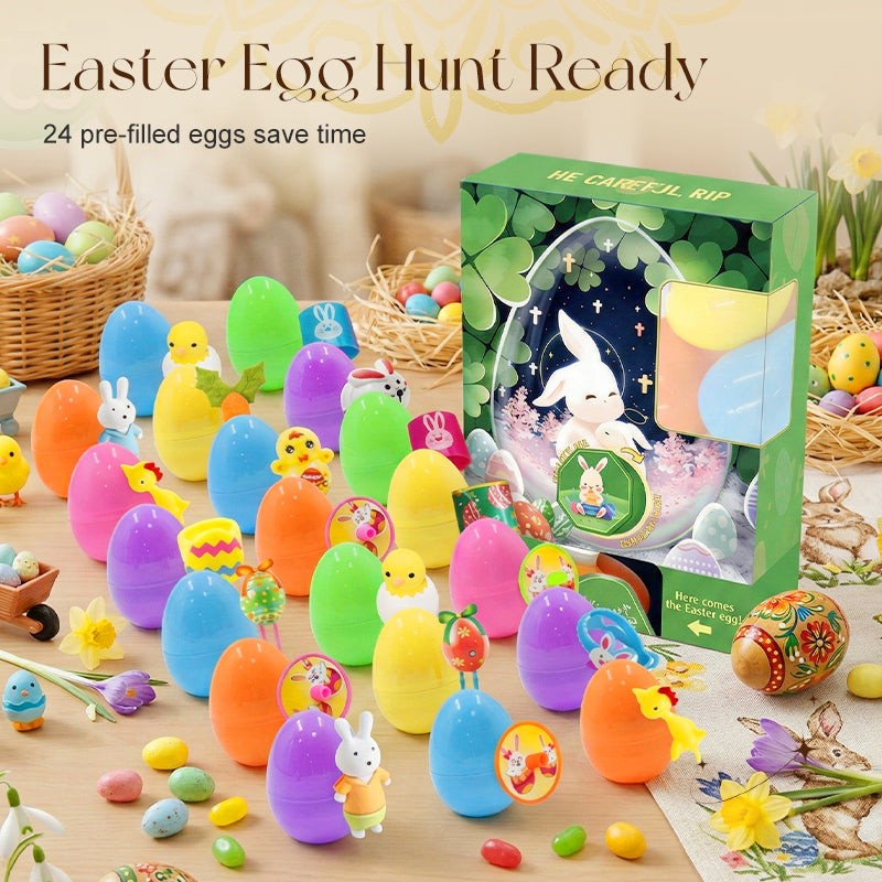 A box of 24 pre-filled Easter eggs from Arenzza, colorful plastic eggs filled with surprises for kids' Easter fun.