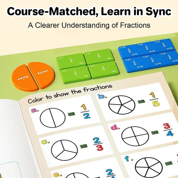 Arenzza magnetic fraction demonstration book for kids, featuring colorful pages with visual and hands-on fraction learning tools.