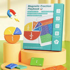Arenzza magnetic fraction demonstration book for kids, featuring colorful pages with visual fraction learning tools and reusable design.