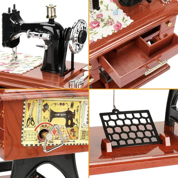 Arenzza wood mini sewing machine music box toy, featuring a detailed miniature sewing machine design with musical elements.