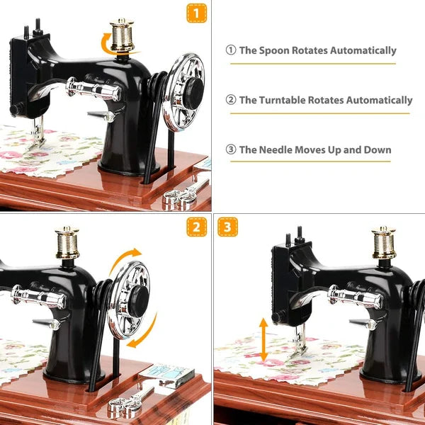 Arenzza wood mini sewing machine music box toy with intricate design, perfect for kids and gifts, playing melodic tunes.