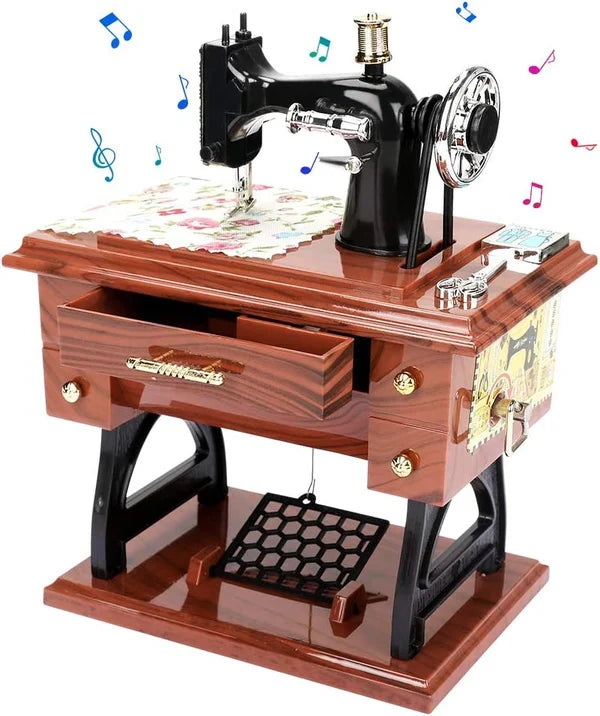 Arenzza wood mini sewing machine music box toy with intricate details, designed for kids and gifts, perfect for collectors.