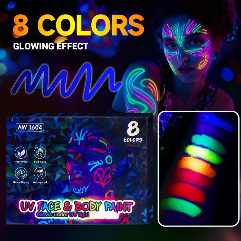 Arenzza UV glow face and body paint markers set with colorful markers for kids and creative body art.