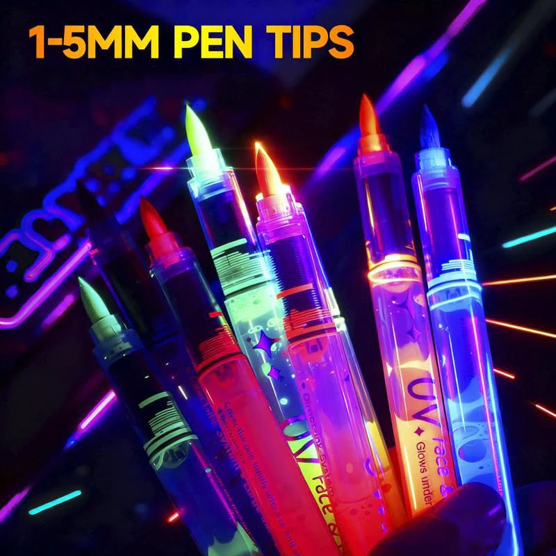 Arenzza UV glow face and body paint markers set for kids, featuring vibrant, glow-in-the-dark colors for creative fun.