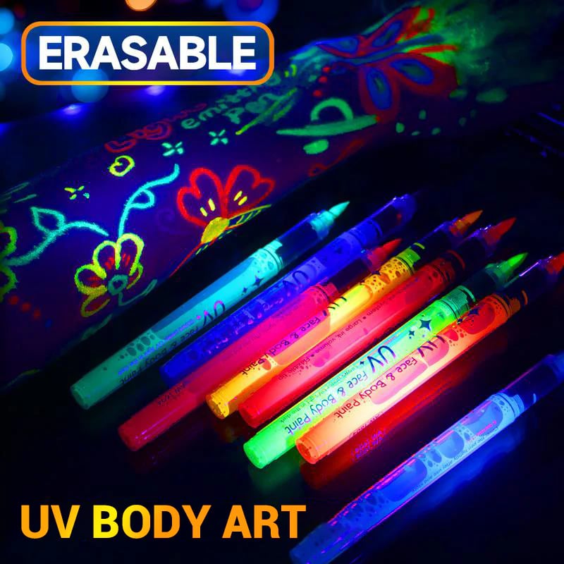 Arenzza UV glow face and body paint marker set with bright colors, suitable for kids' creative face and body art.