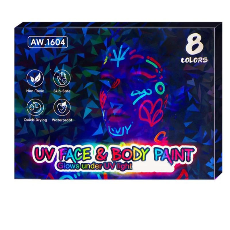Arenzza UV glow face and body paint markers set with vibrant colors, perfect for kids' toys, face painting, and creative gifts.