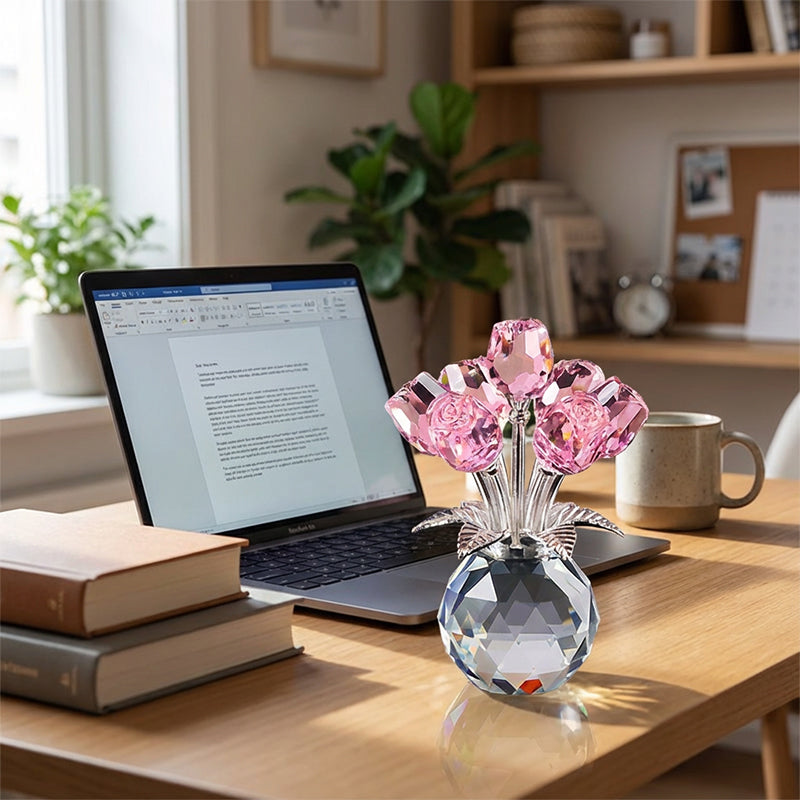 Arenzza crystal rose flower figurine in a glass vase, perfect as a romantic gift or decorative piece for special occasions.