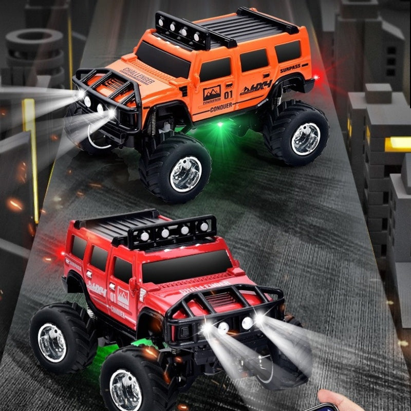 Arenzza mini RC off-road truck with bright lights, designed for kids' toys and outdoor play, featuring rugged off-road tires.