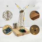 Arenzza DIY retro windmill night light kit for kids and toys, showing colorful assembled windmill with LED lights in a playful setting.