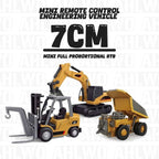 Arenzza 1/64 mini RC toy set with excavator, dump truck, and forklift showing detailed miniature construction vehicles for kids.