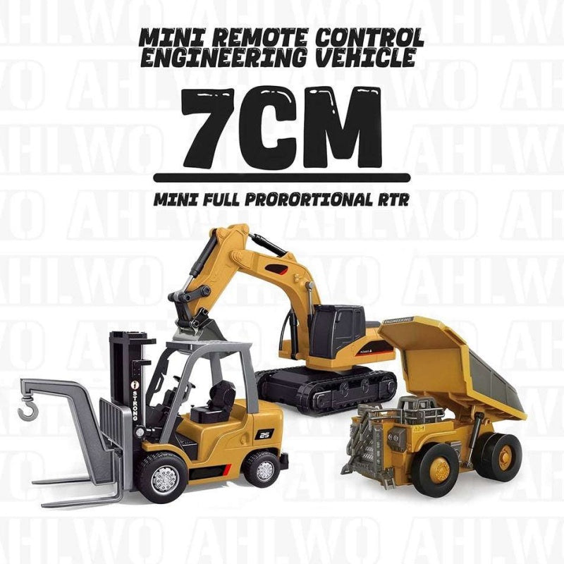 Arenzza 1/64 mini RC toy set with excavator, dump truck, and forklift showing detailed miniature construction vehicles for kids.