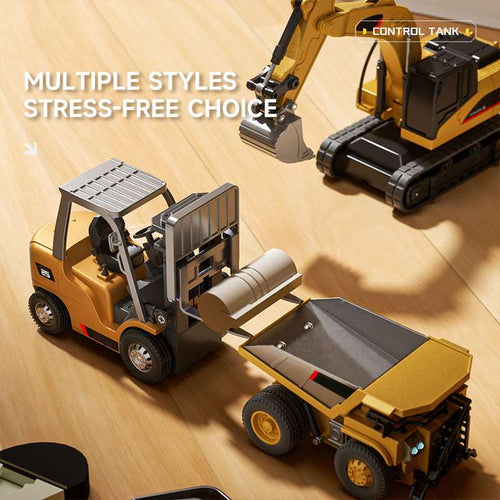 Arenzza 1/64 mini RC toy set with excavator, dump truck, and forklift for kids, showcasing detailed miniature construction vehicles.