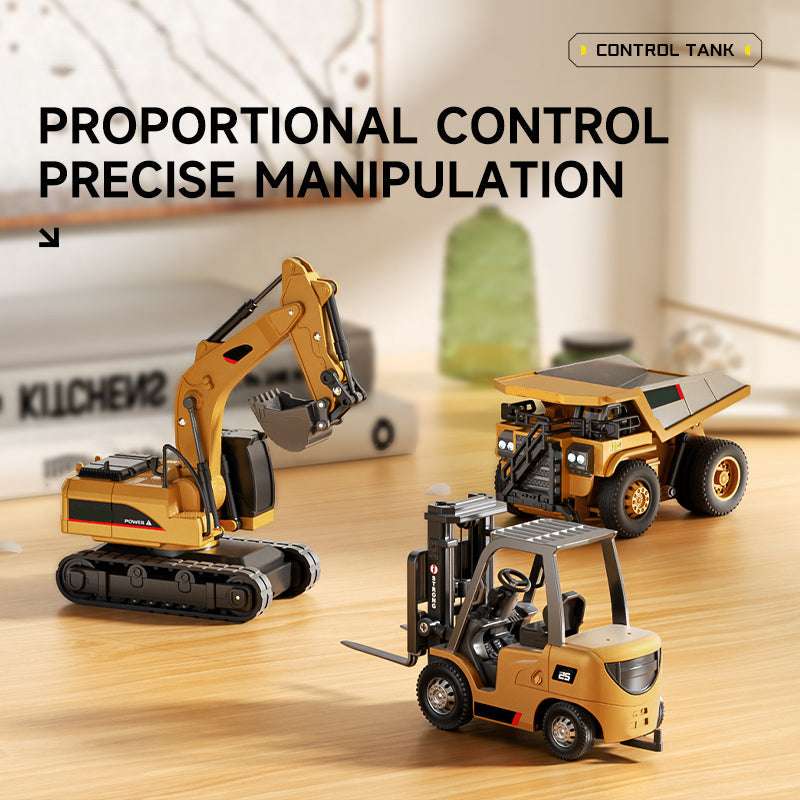 Arenzza 1/64 Mini RC toy set with excavator, dump truck, and forklift for kids, featuring colorful miniature construction vehicles.