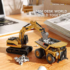 Arenzza 1/64 mini RC toy set with excavator, dump truck, and forklift, featuring colorful plastic construction vehicles for kids.