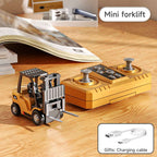 Arenzza 1/64 mini RC excavator, dump truck, and forklift toy set with detailed miniature construction vehicles for kids' play.