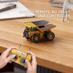 Arenzza 1/64 mini RC toy set with excavator, dump truck, and forklift, featuring colorful plastic construction vehicles for kids.