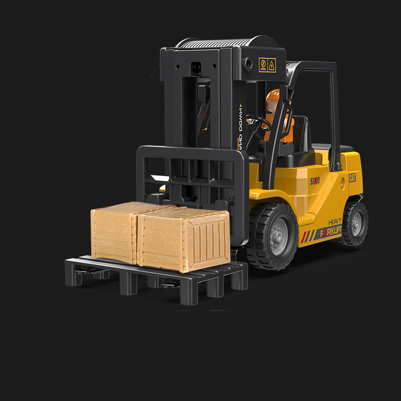 Arenzza 1/64 mini RC toy set with excavator, dump truck, and forklift for kids, featuring colorful miniature construction vehicles.