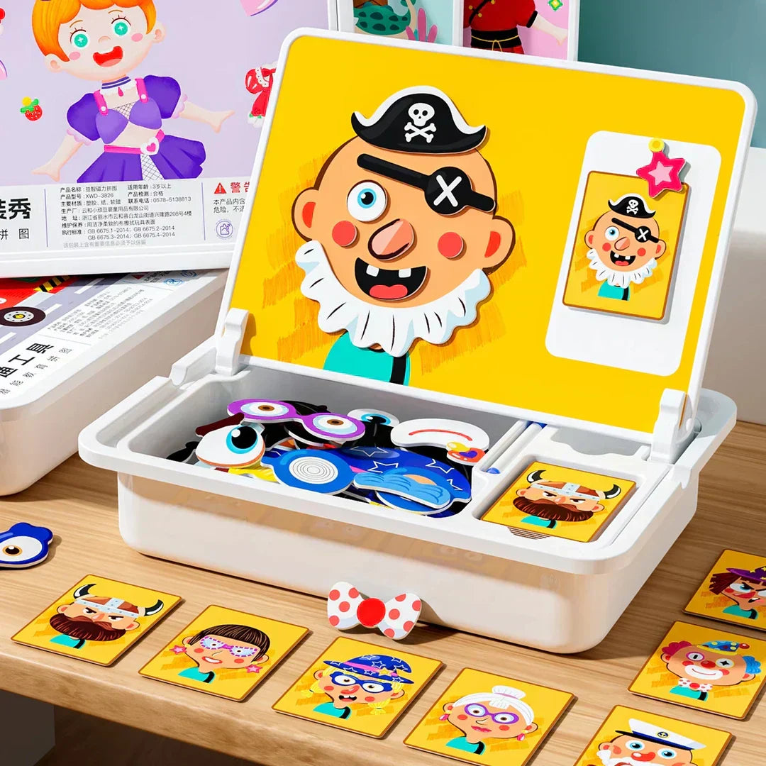 A kids magnetic face dress-up travel game with double-sided puzzle pieces from Arenzza, educational and fun for preschool learning.