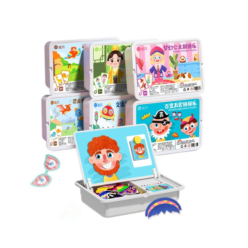 Aarenzza magnetic face puzzle dress-up travel game for kids, showing colorful double-sided educational toy with various face pieces.