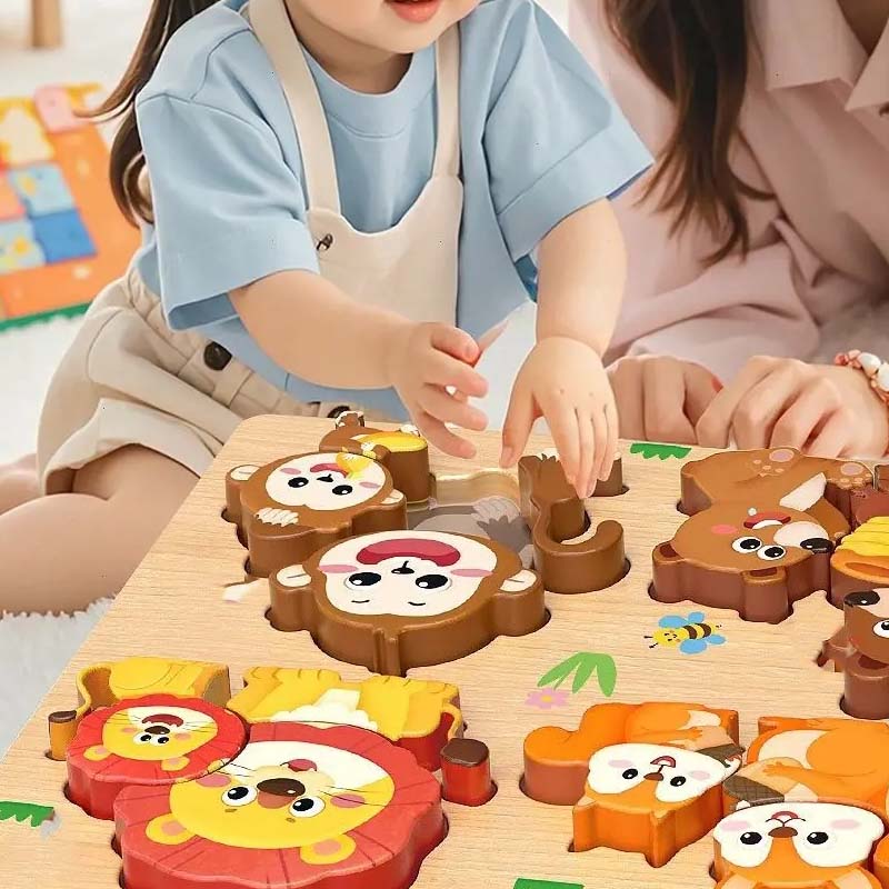 Wooden 3D puzzle toy for kids by Arenzza, featuring colorful interlocking pieces for educational play and fine motor skills.