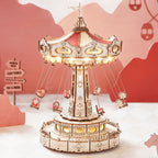 Arenzza DIY wooden puzzle carousel music box for kids, featuring colorful puzzle pieces and a charming rotating music mechanism.