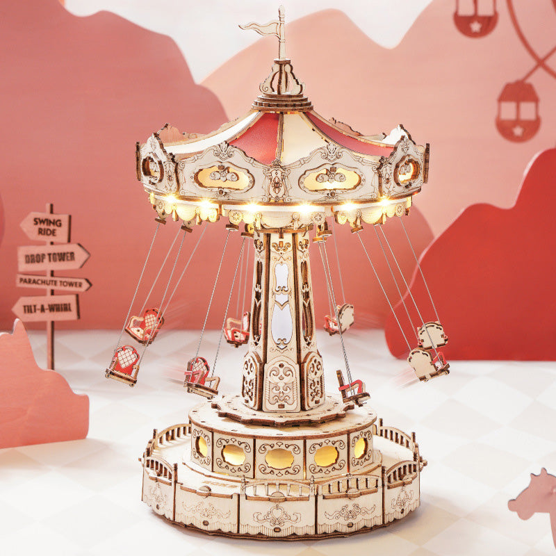 Arenzza DIY wooden puzzle carousel music box for kids, featuring colorful puzzle pieces and a charming rotating music mechanism.