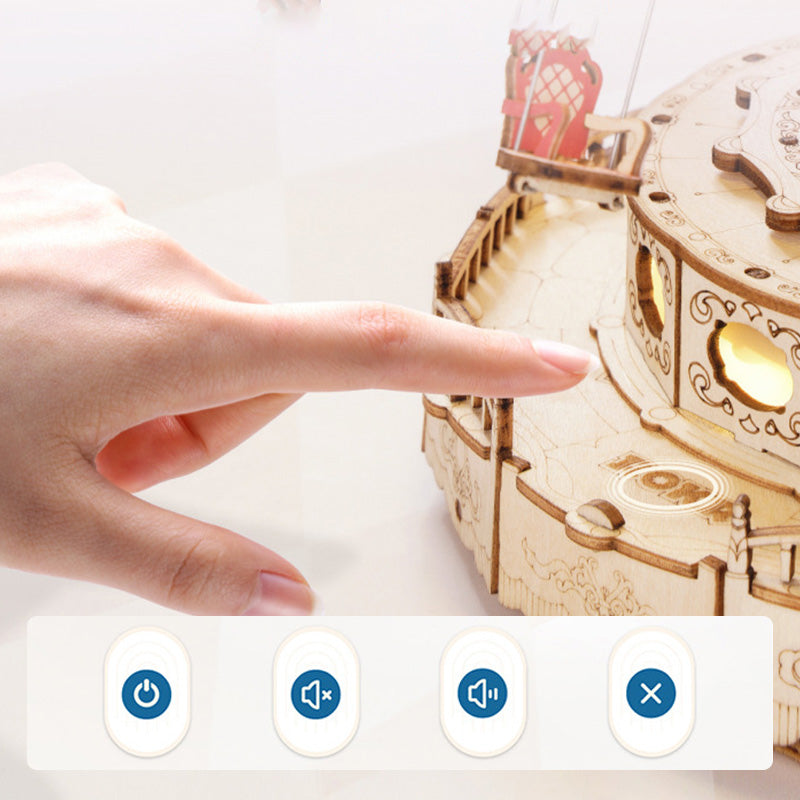 Arenzza DIY wooden puzzle carousel music box with colorful puzzle pieces and a charming spinning carousel for kids and gifts.