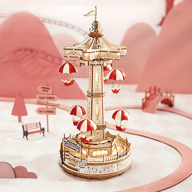 Arenzza DIY wooden puzzles carousel music box with colorful puzzle pieces and a charming spinning carousel for kids and gifts.
